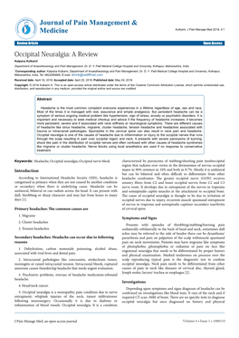 Occipital Neuralgia: a Review Kalpana Kulkarni* Department of Anaesthesiology and Pain Management, Dr