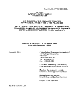 BOOK of AUTHORITIES of the APPLICANTS Returnable September 1, 2015