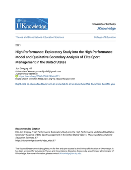 High Performance: Exploratory Study Into the High Performance Model and Qualitative Secondary Analysis of Elite Sport Management in the United States