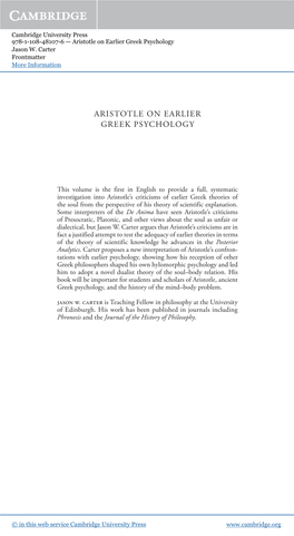 Aristotle on Earlier Greek Psychology Jason W