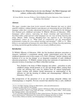He Taonga Te Reo: Honouring Te Reo Me Ona Tikanga1, the Māori Language and Culture, Within Early Childhood Education in Aotearoa2