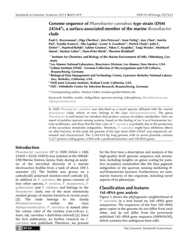 Phaeobacter Caeruleus Type Strain (DSM 24564T), a Surface-Associated Member of the Marine Roseobacter Clade Paul G