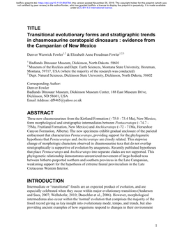 TITLE Transitional Evolutionary Forms and Stratigraphic Trends in Chasmosaurine Ceratopsid Dinosaurs : Evidence from the Campanian of New Mexico