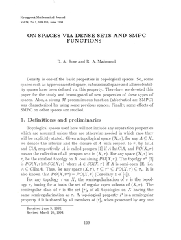 ON SPACES VIA DENSE SETS and SMPC FUNCTIONS 1. Definitions and Preliminaries