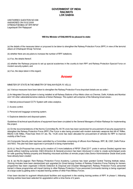 ANSWERED ON:19.02.2009 STRENGTHENING of RPF/RPSF Lagadapati Shri Rajagopal