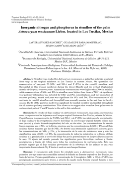 Inorganic Nitrogen and Phosphorus in Stemflow of the Palm Astrocaryum Mexicanum Liebm