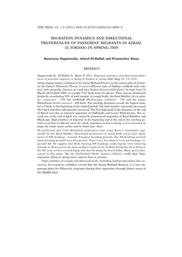 Migration Dynamics and Directional Preferences of Passerine Migrants in Azraq (E Jordan) in Spring 2008