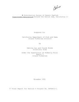 A Distribution Survey of Desert Pupfish (Cyprinodon Macularius) Around the Salton Sea, California 1