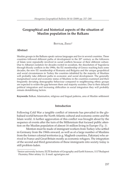 Geographical and Historical Aspects of the Situation of Muslim Population in the Balkans