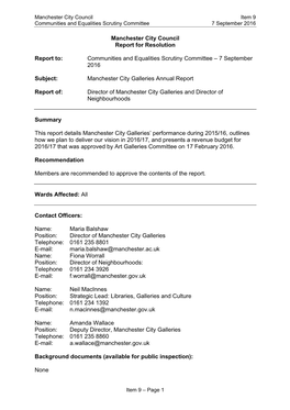 Report on Manchester City Galleries Annual Report to the Communities and Equalities Scrutiny Committee on 7 September 2016