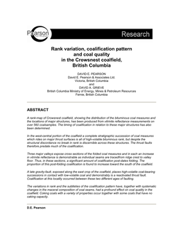 Rank Variation, Coalification Pattern and Coal Quality in the Crowsnest Coalfield, British Columbia