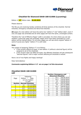 (Lycoming) Checklist DA40-180 G1000