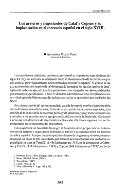 Los Arrieros Y Negociantes De Calaf Y Copons Y Su Implantación En El Mercado Español En El Siglo XVIII