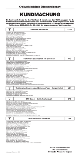 Kreiswahlbehörde Südoststeiermark KUNDMACHUNG