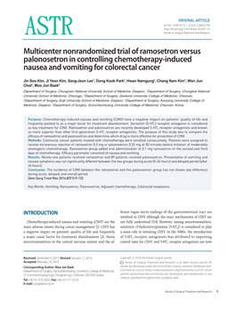 Multicenter Nonrandomized Trial of Ramosetron Versus Palonosetron in Controlling Chemotherapy-Induced Nausea and Vomiting for Colorectal Cancer