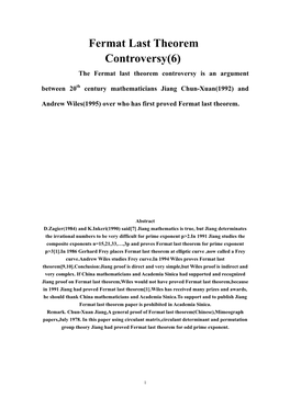 Fermat Last Theorem Controversy(6) the Fermat Last Theorem Controversy Is an Argument Between 20Th Century Mathematicians Jiang Chun-Xuan(1992) And