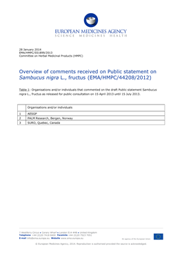 Overview of Comments Received on Public Statement on Sambucus Nigra L., Fructus (EMA/HMPC/44208/2012)