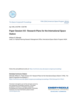 Paper Session II-B - Research Plans for the International Space Station