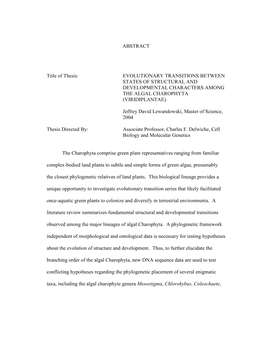 Evolutionary Transitions Between States of Structural and Developmental Characters Among the Algal Charophyta (Viridiplantae)