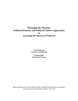 Political Economy and Political Culture Approaches to Assessing the Success of Nunavut