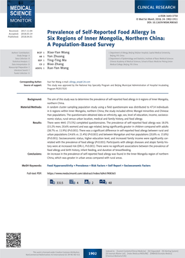 Prevalence of Self-Reported Food Allergy in Six