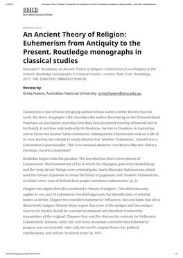 An Ancient Theory of Religion: Euhemerism from Antiquity to the Present