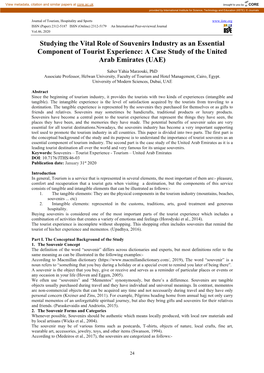 Studying the Vital Role of Souvenirs Industry As an Essential Component of Tourist Experience: a Case Study of the United Arab Emirates (UAE)