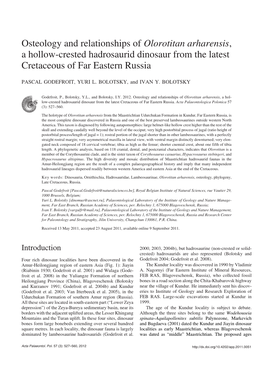 Osteology and Relationships of Olorotitan Arharensis, a Hollow−Crested Hadrosaurid Dinosaur from the Latest Cretaceous of Far Eastern Russia