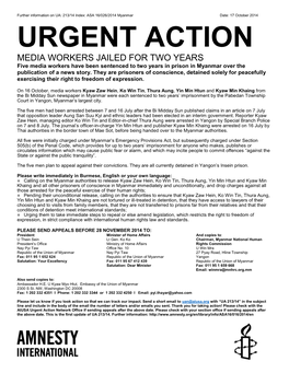 URGENT ACTION MEDIA WORKERS JAILED for TWO YEARS Five Media Workers Have Been Sentenced to Two Years in Prison in Myanmar Over the Publication of a News Story