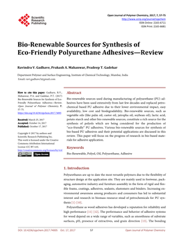 Bio-Renewable Sources for Synthesis of Eco-Friendly Polyurethane Adhesives—Review