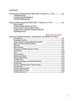 1 CONTENTS Overall Course Learning Goals for GEOL 1010: 1St Draft