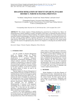 Disaster Mitigation of Mount Sinabung in Karo District, North Sumatera Province