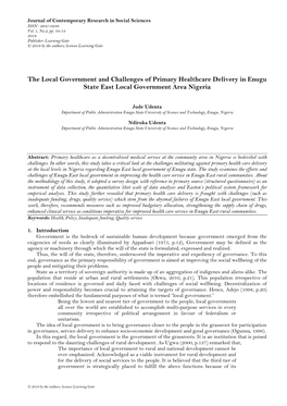 The Local Government and Challenges of Primary Healthcare Delivery in Enugu State East Local Government Area Nigeria