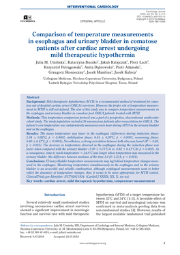 Comparison of Temperature Measurements in Esophagus and Urinary Bladder in Comatose Patients After Cardiac Arrest Undergoing Mild Therapeutic Hypothermia Julia M