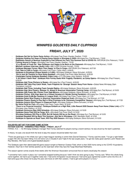 Winnipeg Goldeyes Daily Clippings Friday, July 3 , 2020