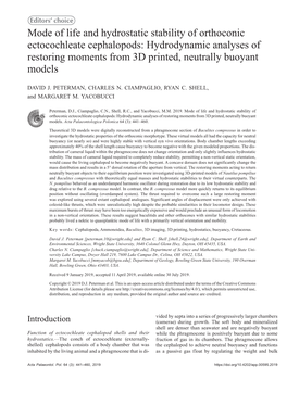 Mode of Life and Hydrostatic Stability of Orthoconic Ectocochleate Cephalopods: Hydrodynamic Analyses of Restoring Moments from 3D Printed, Neutrally Buoyant Models