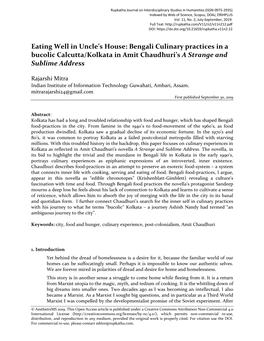 Bengali Culinary Practices in a Bucolic Calcutta/Kolkata in Amit Chaudhuri’S a Strange and Sublime Address