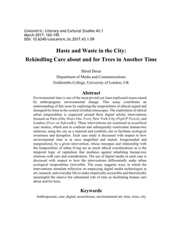 Haste and Waste in the City: Rekindling Care About and for Trees in Another Time