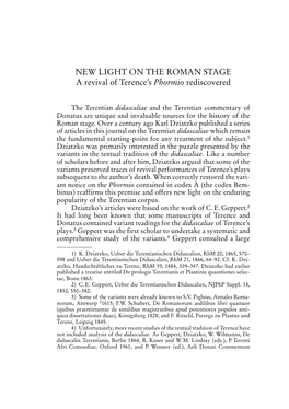 NEW LIGHT on the ROMAN STAGE a Revival of Terence's Phormio