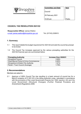 COUNCIL TAX RESOLUTION 2021/22 1. Summary 2