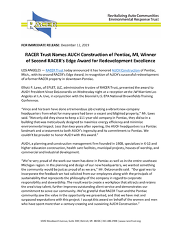 RACER Trust Names AUCH Construction of Pontiac, MI, Winner of Second RACER’S Edge Award for Redevelopment Excellence