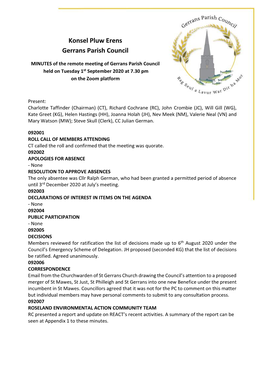 MINUTES of the Remote Meeting of Gerrans Parish Council Held on Tuesday 1St September 2020 at 7.30 Pm on the Zoom Platform