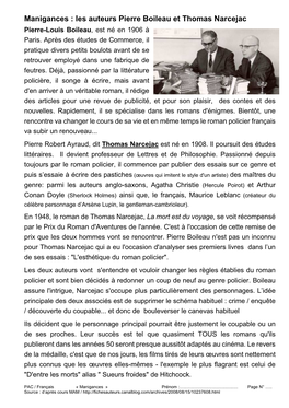 Manigances : Les Auteurs Pierre Boileau Et Thomas Narcejac Pierre-Louis Boileau , Est Né En 1906 À Paris