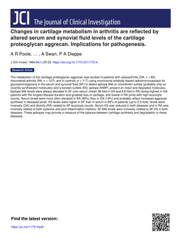 Changes in Cartilage Metabolism in Arthritis Are Reflected by Altered Serum and Synovial Fluid Levels of the Cartilage Proteoglycan Aggrecan