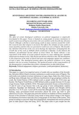 Seventh-Day Adventist Youths and Political Apathy in Southwest Nigeria: an Empirical Survey