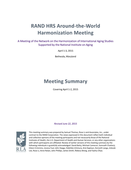 RAND HRS Around-The-World Harmonization Meeting Meeting