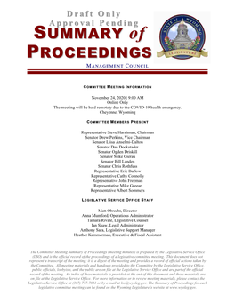 Meeting Minutes) Is Prepared by the Legislative Service Office (LSO) and Is the Official Record of the Proceedings of a Legislative Committee Meeting