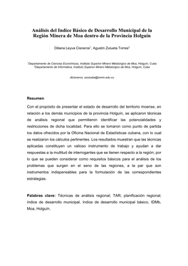 Análisis Del Indice Básico De Desarrollo Municipal De La Región Minera De Moa Dentro De La Provincia Holguín