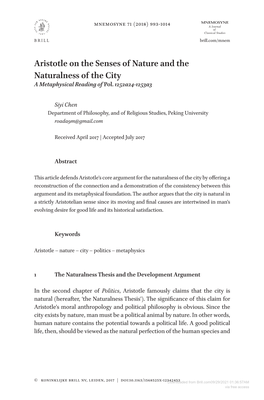 Aristotle on the Senses of Nature and the Naturalness of the City a Metaphysical Reading of Pol