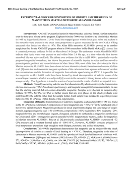 Experimental Shock Decomposition of Siderite and the Origin of Magnetite in Martian Meteorite Allan Hills 84001 M.S